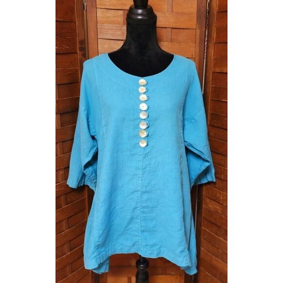 Mosaic USA 100% Linen Tunic Top Size Small Sky Blue Button Up V-Neck Lagenlook - Picture 1 of 5